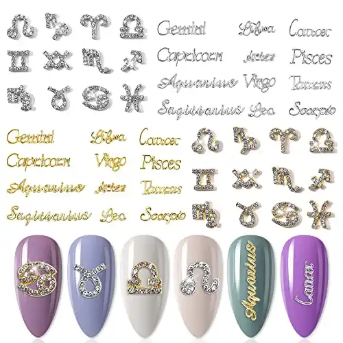 SILPECWEE 48pcs Zodiac Nail Charms 3D Gold Silver Zodiac Sign Charm Letter Nail Jewels Dangle Alloy Nail Art Charms Nail Rhinestones Charms for Nails Design Nail Art Decoration for Acrylic Nails