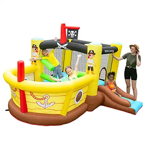 Doctor Dolphin Bounce House Inflatable Slide with Obstacles – Blower – Pirate Ship Theme – Ball Pit – Basketball Hoop, Inflatable Bouncers for Toddlers Kids 2-12 Outdoor or Ind...
