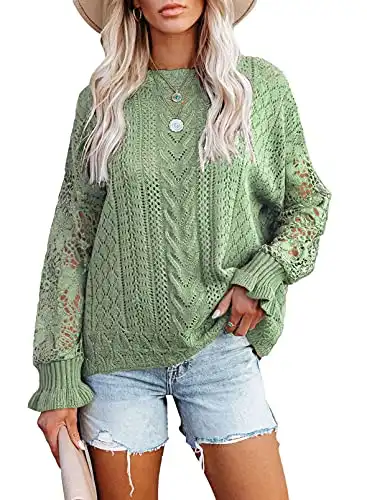 AlvaQ Lace Sweaters for Women Knit Lantern Sleeve Pullover Crewneck Jumper Tops Fashion 2023 Green Large