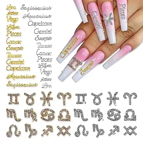JERCLITY 48 Pieces Gold Silver Alloy Zodiac Nail Charms Zodiac Signs Nail Studs Constellation Words Charms for Nails Twelve Constellation Nail Charms Set for Women Girls Nail Art