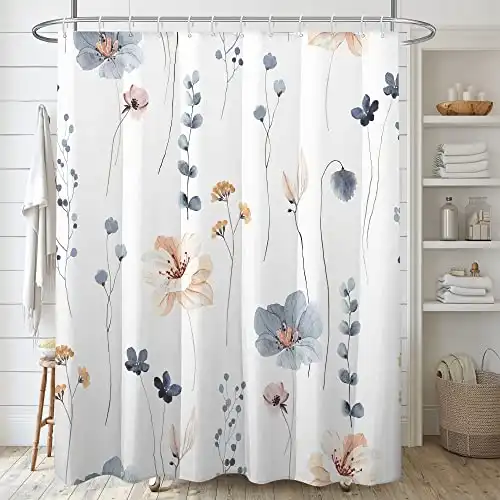 Decoreagy Watercolor Floral Shower Curtain Sets,Blue Beige Flowers Bathroom Curtains,Modern Minimalist White Bath Curtain, Waterproof Fabric with 12 Hooks 72×72 Inches