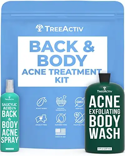 TreeActiv 90-Day Body Acne Treatment Kit, Salicylic Acid Acne Body Spray, Exfoliating Body Acne Wash, Body Acne Treatment for Back, Chest and Butt Acne Removal, Back Acne Treatment For Women and Men