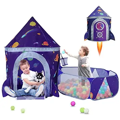 LOJETON 2pc Space Ship Kids Play Tent, Crawl Tunnel, Ball Pit for Toddlers, Indoor & Outdoor Playhouse Castle Toys, Baby Boys Girls Gift for 3 4 5 6 7 Years Old (Balls Not Included)