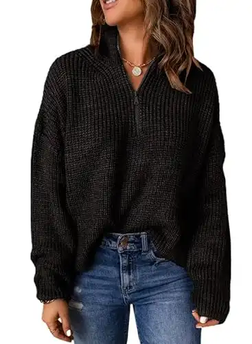 Dokotoo Womens Quarter Zip Sweater Long Sleeve Waffle Knit Casual Tops for Women Fashion 1/4 Zipper Pullover Chunky Black Sweaters Warm V Neck Oversized Sweater Fall Winter Outfits Clothes X-Large
