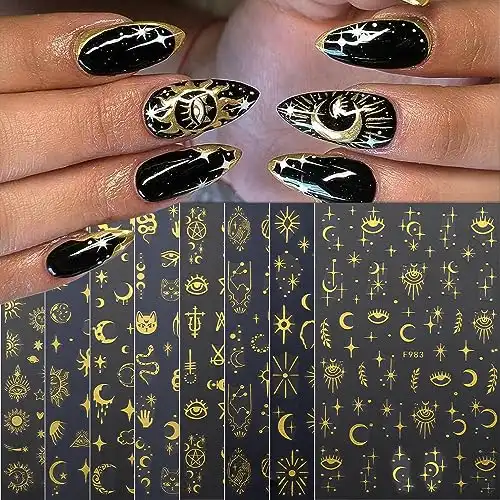 8Sheets Gold Nail Art Stickers Decals Star Moon Sun Nail Sticker 3D Self-Adhesive Outer Space Designs Nails Decals Eyes Snake Nails Art Supplies for Women DIY Manicure Decorations Set