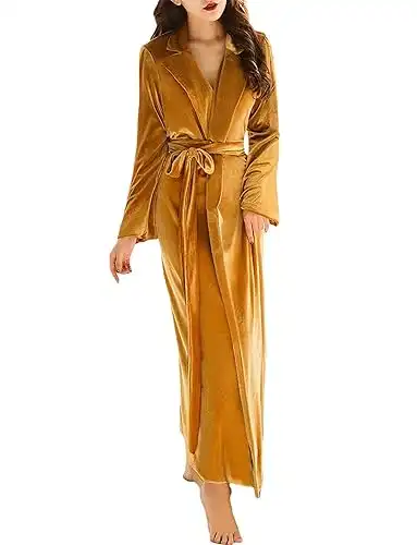 Women’s Velvet Long Bathrobe Luxury Fuzzy Warm Nightgown