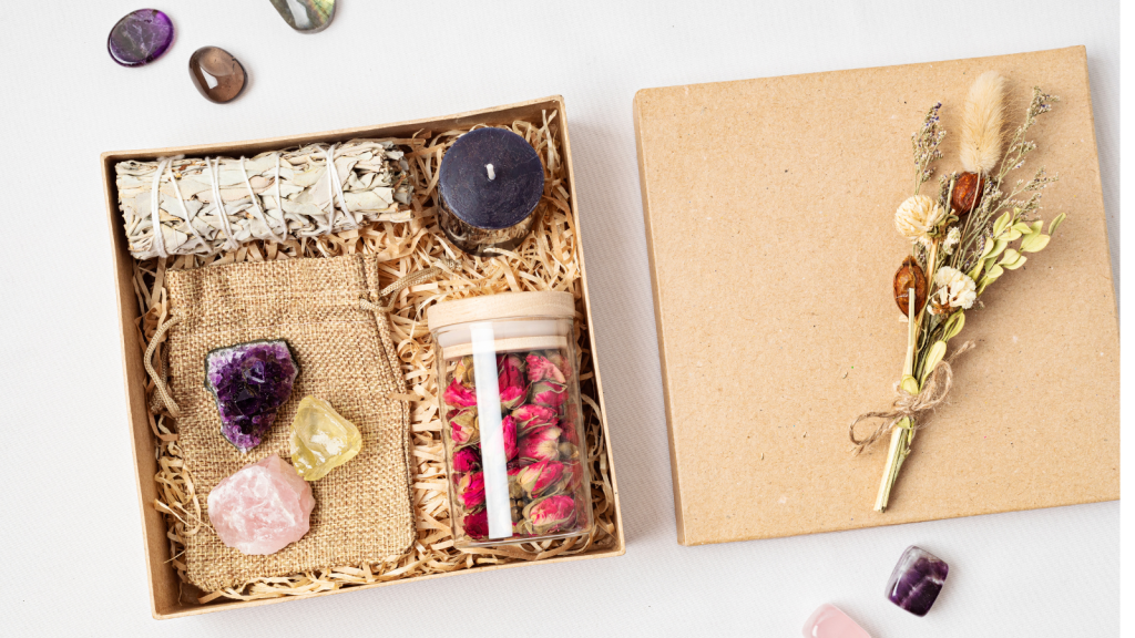 Crystals and flowers in a gift box