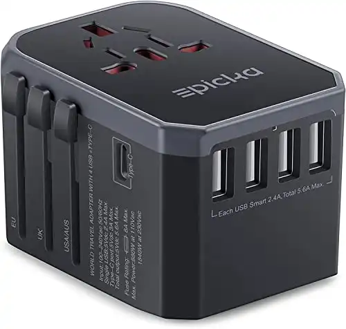 EPICKA Universal Travel Adapter One International Wall Charger AC Plug Adaptor with 5.6A Smart Power and 3.0A USB Type-C for USA EU UK AUS (TA-105, Grey)