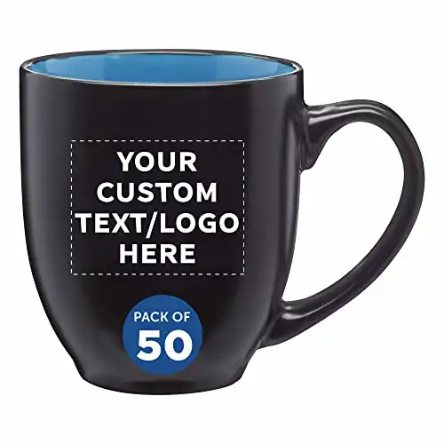 Custom Bistro Coffee Mugs 16 oz. Set of 50, Personalized Bulk Pack – Great for Tea, Cocoa, Diner, Travel mugs – Blue