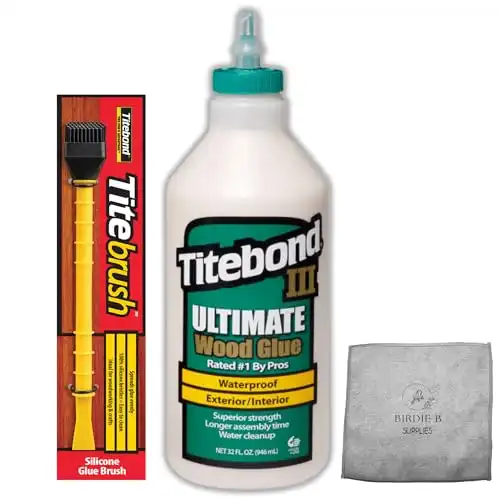 Titebond 3 Wood Glue, 32 Fluid Ounce, Tan Color, 1 Quart Bottle, Birdie B Supplies – Bundle with, TiteBond TiteBrush Wood Glue Applicator and Cleaning Cloth