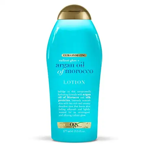 OGX Radiant Glow + Argan Oil of Morocco Extra Hydrating Body Lotion for Dry Skin, Nourishing Creamy Body & Hand Cream for Silky Soft Skin, Paraben-Free, Sulfated-Surfactants Free, 19.5 fl oz