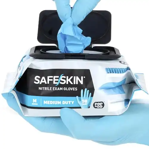 SAFESKIN Nitrile Disposable Gloves in Pack of 50, Medium Duty, Medium Size, Powder Free – Food Handling, First Aid, Cleaning