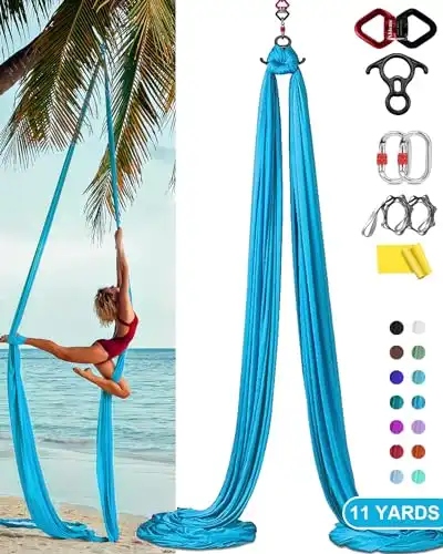 11 Yards Aerial Silks Yoga Swing Hammock Kit: Nylon Tricot Silk Aerial Dance Flying for Home/Gym Gymnastics, Antigravity Inversion Hardware & Guide Includes, Starters or All Levels (Deep Sky Blue)