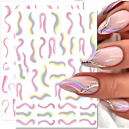 Colorful Wavy Line Nail Art Stickers Decals 3D Self-Adhesive Nail Stickers 8Sheets Rainbow Stripe Lines Geometric Nail Design French Nail Decals for Acrylic Nails Women DIY Manicure Nail Art Supplies