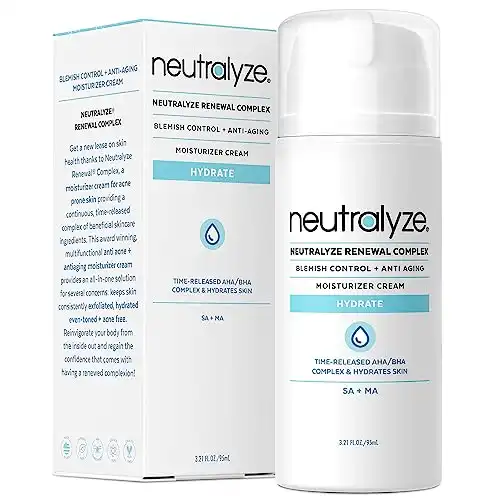 Neutralyze Renewal Complex Acne Moisturizer for Face – Time Released, Medical Grade 2% Mandelic Acid & Salicylic Acid Moisturizer Cream – Face Moisturizer for Acne Prone Skin (90+ Day)