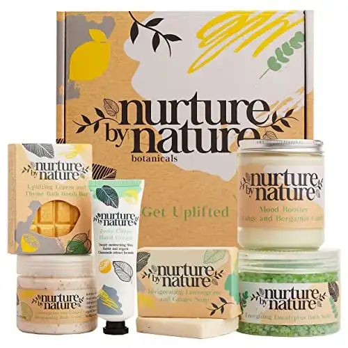 Nurture by Nature Relax & Uplift Pamper Spa Kit – Spa Gift Baskets for Women, Organic Self Care Kit – Bath Salts, Bath Bombs, Candle, Birthday & Mothers Day Gift – At Home Sp...