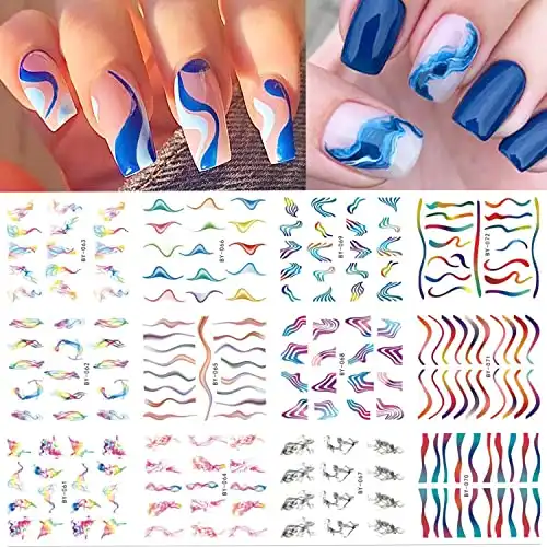 12 Sheets Wavy Nail Art Stickers Water Transfer Colorful Stripes Line Nail Decals 3D Rainbow Nail Sticker for Nail Art Design Watermark Nail Accessories Supplies for Women Acrylic Nail Decoration