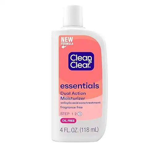 Clean & Clear Essentials Dual Action Oil-Free Facial Moisturizer, Salicylic Acid Acne Treatment with Pro-Vitamin B5 Moisturizes While Treating Acne & Helping to Prevent Pimples, 4 fl. Oz (Pack...