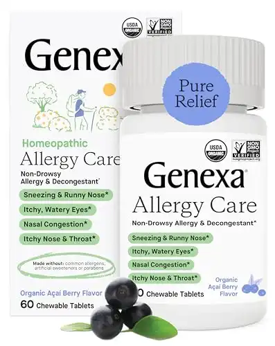 Genexa Adults’ Allergy Care | Non-Drowsy, Homeopathic Decongestant & Allergy Medicine Relief | Delicious Organic Acai Berry Flavor | 60 Chewable Tablets