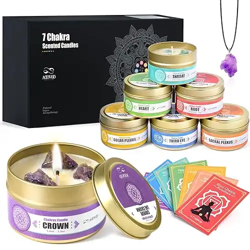 AOOVOO Chakra Candles with Healing Crystals – 7 Chakra Crystal Set, Spiritual Gifts for Women, Crystals and Healing Stones Set, Soy Wax Candles