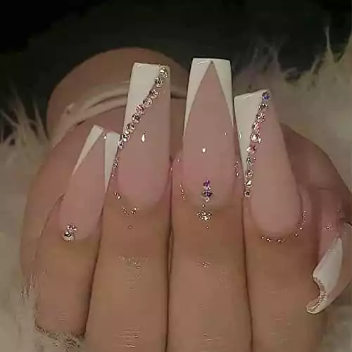 MISUD Long Coffin Press on Nails Ballerina Fake Nails White French Tip Artificial Acrylic Nails Glossy Glue on Nails 3D Rhinestone Stick on Nude False Nails with Design 24 pcs