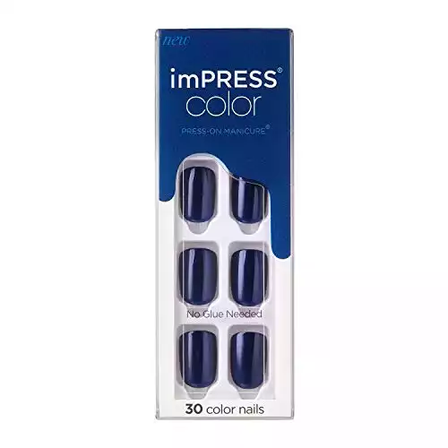 KISS imPRESS No Glue Mani Press On Nails, Color, 'Never Too Navy', Blue, Short Size, Squoval Shape, Includes 30 Nails, Prep Pad, Instructions Sheet, 1 Manicure Stick, 1 Mini File