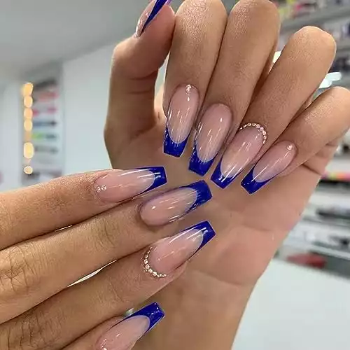 French Tip Press on Nails Square Fake Nails Full Cover Nude Blue False Nails Acrylic Nails Nature Glossy Stick on Nails Reusable for Women and Girls Summer Holiday DIY Art Manicure 24Pcs
