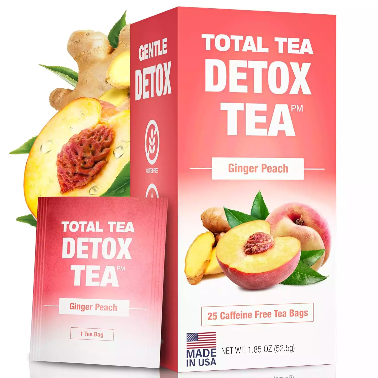 Total Tea SIimming Detox Tea Caffeine Free 25 Day Detox Tea Herbal SIim Tea with Chamomile, Hibiscus Tea & Ginger Root for Colon Cleanse Natural Herbal Ginger & Peach Tea for D...