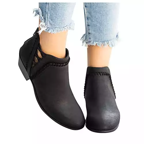 Gibobby Ankle Booties for Women Low Heel,Women's Ankle Booties Retro V Cutout Short Warm Boots Closed Toe Low Heel Combat Style Western Shoes Black