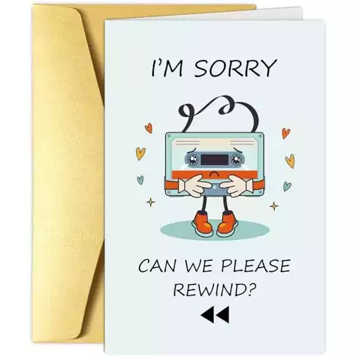 Obbyidk Cute Type I'm Sorry Card for Boyfriend Girlfriend, Funny Cassette Apology Card for Him Her, Can We Please Rewind