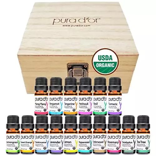 PURA D'OR Organic Sweet16 Essential Oils Set 16x 10m Wood Box Aromatherapy Gift Set 100% Pure Therapeutic Grade for Relaxation and Wellness (Lavender, Tea Tree, Turmeric, Ylang Yl...