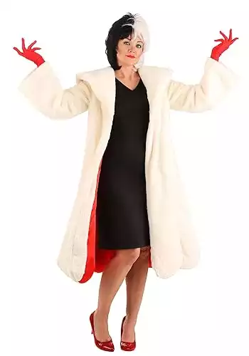 Disney 101 Dalmatians Adult Cruella De Vil Costume Womens, Black Dress & White Faux Fur Coat Outfit