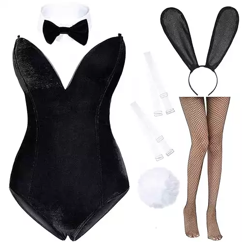 Anime Womens Bunny Costume Girl Suit One Piece Bodysuit Halloween Cosplay Catsuit Bunny Headband Stockings Set