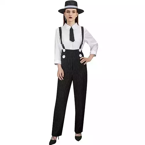 1920s Gangster Gatsby Costume Outfit for Adult Women Girls Mobster Mafia Roaring 20s Halloween Cosplay Pinstripe Suit