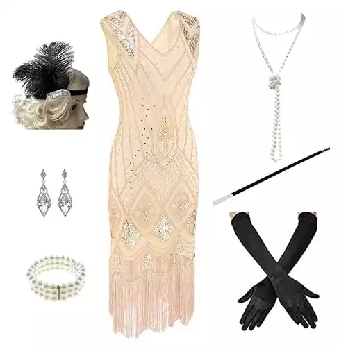 1920s Women's Gatsby Costume Flapper Dresses V Neck Fringed Dress with 20s Accessories Set of 7