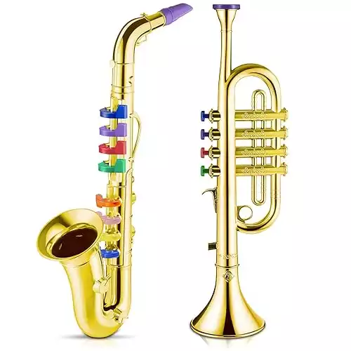 Set of 2 Musical Instruments Include Toy Trumpet and Toy Saxophone Set Plastic Trumpet Educational Toy Home School Music Gift, Color Keys (Gold)