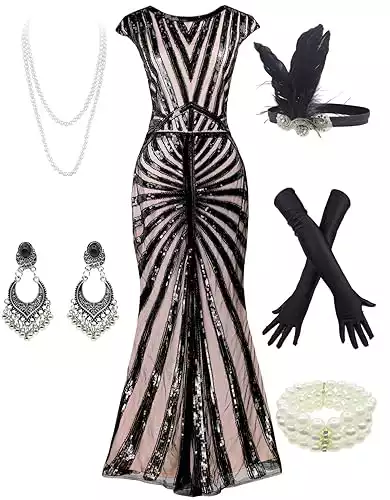 Women 1920S Gatsby Sequin Mermaid Formal Evening Dress with 20s Accessories Costume