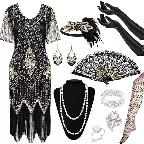 1920s Flapper Great Gatsby Accessories Set, Gatsby Costume Set Roaring 20's Theme Outfit with 20s Flapper Accessories