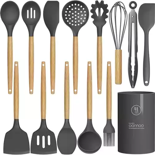 14 Pcs Silicone Cooking Utensils Kitchen Utensil Set - 446 F Heat Resistant,Turner Tongs, Spatula, Spoon, Brush, Whisk, Wooden Handle Gray Gadgets with Holder for Nonstick Cookware (BPA Free)