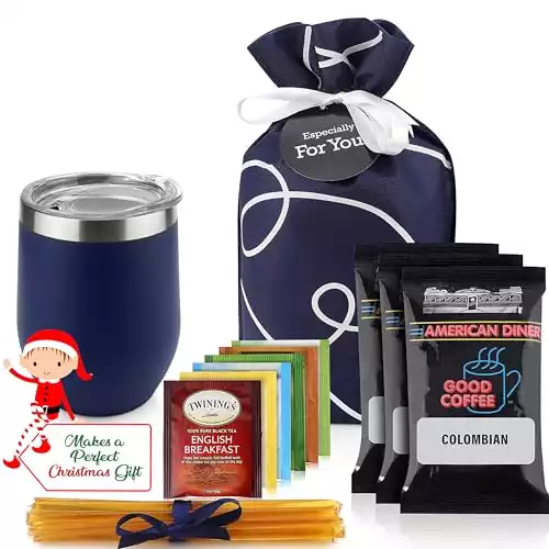 Tea & Coffee Gift Basket - Coffee and Tea Gift Sets For Tea Lovers Women & Men Presented in Beautiful Gift Bag includes 12oz Insulated Coffee Mug, 3 Fresh Roasted Coffees, 6 Special Blend Teas...