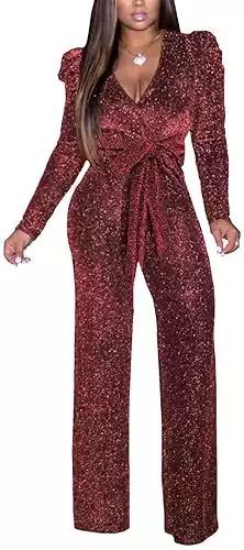 Women's Sparkly Jumpsuits Sexy Long Sleeve Cocktail Elegant Mock Neck Bodycon Straight Long Pants Rompers with Pockets