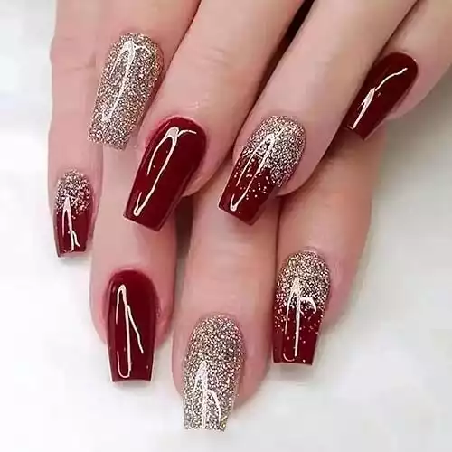 MISUD Wine Red Press on Nails Long Coffin Fake Nails Glossy Glue on Nails Ballerina Acrylic Nails Bling Gold Glitter Artificial Nails Fall Burgundy Stick on False Nails with Design 24 pcs