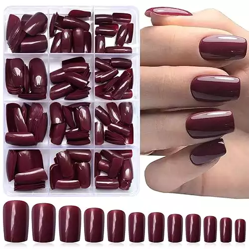 LoveOurHome 240pc Christmas Wine Red Press on Nails Medium Square Fake Nails Press ons Square Nail Tips Gel False Nails Presson Artificial Fingernails & Glue Adhesive Tabs Women Girls Manicure Dec...