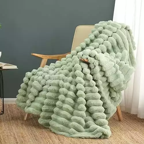 Cozy Bliss Faux Fur Throw Blanket for Couch, Cozy Warm Plush Striped Blanket for Sofa Bedroom Living Room, 50 * 60 Inches Sage Green