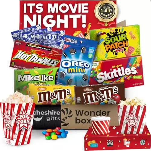 Movie Night Basket Gift Set with Candy Variety Pack, Movie Trays, Movie, Movie Snacks & Popcorn Gift Set Gift Baskets For Families by Cheshire Gifts