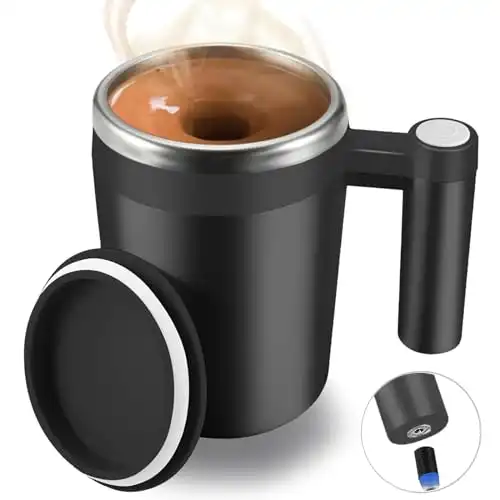 FCSWEET Self Stirring Mug,Rechargeable Auto Magnetic Coffee Mug with 2Pc Stir Bar,Waterproof Automatic Mixing Cup for Milk/Cocoa at Office/Kitchen/Travel 14oz Best Gift - Black