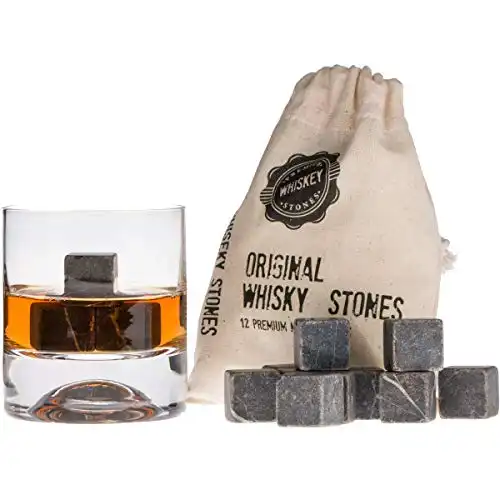 Premium Whiskey Stones Gift Set with 12 Pcs Stones and Bag. Whiskey, Bourbon, Cognac, Scotch,Gin, Wine Beverage. Marble Reusable Ice Cubes. Birthday Gift for Whiskey Lovers. (Dark Grey)