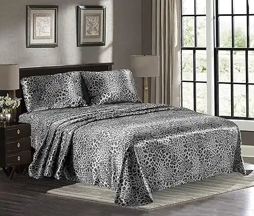 Satin Sheets King [4-Piece, Silver Leopard] Hotel Luxury Silky Bed Sheets - Extra Soft 1800 Microfiber Sheet Set, Wrinkle, Fade, Stain Resistant - Deep Pocket Fitted Sheet, Flat Sheet, Pillow Cases